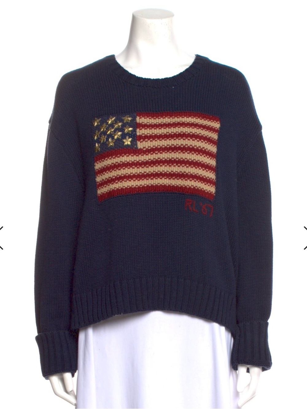 RALPH LAUREN VTG USA AMERICAN FLAG NAVY BLUE COTTON SWEATER BEADED GOLD STARS